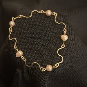 Handmade Gold Wave Bracelet Pink Freshwater Pearls Dainty Boho Chic Jewelry